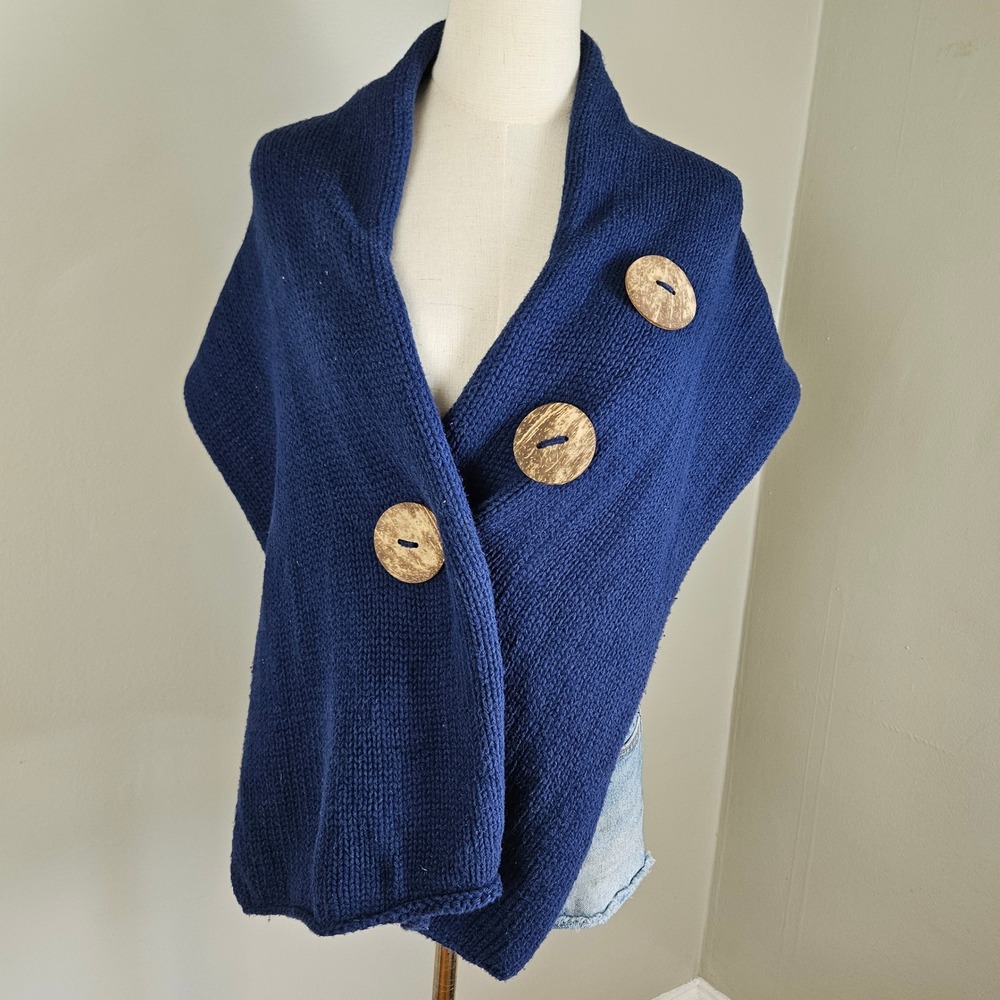 Pure Collection Big Button Knit Scarf Wrap‎ Navy Blue Accessories